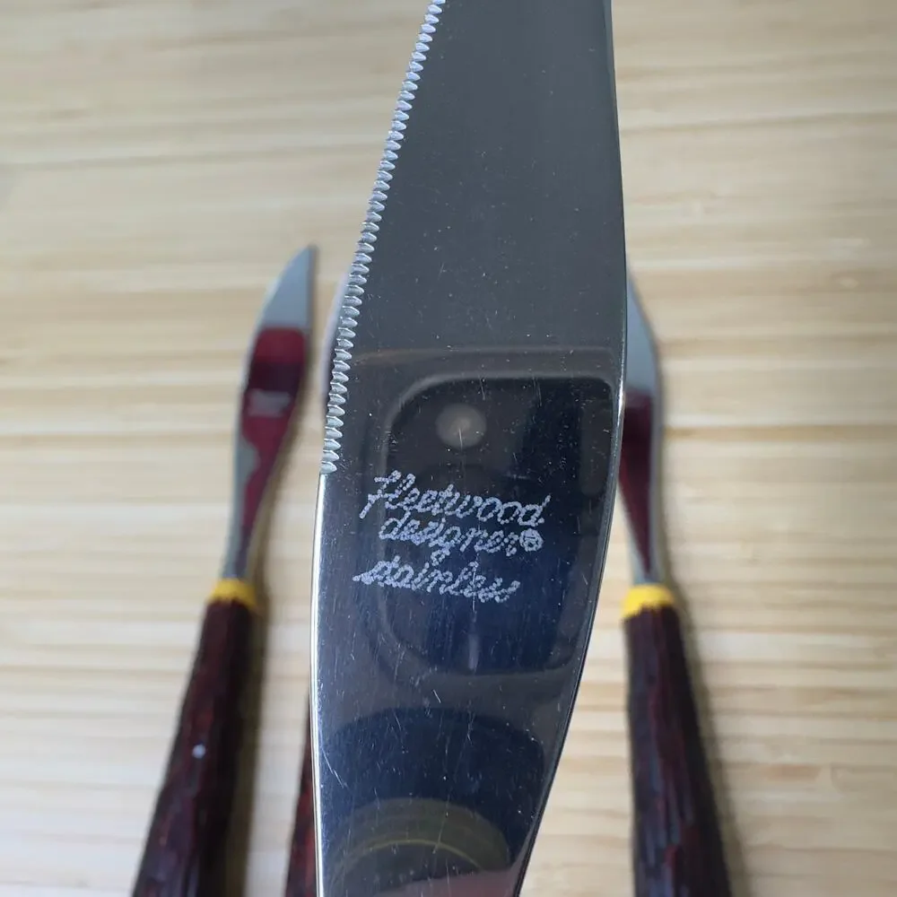 Vintage MCM Fleetwood Designer‎ Stainless Steak Knives Faux Wood Handle Set of 4